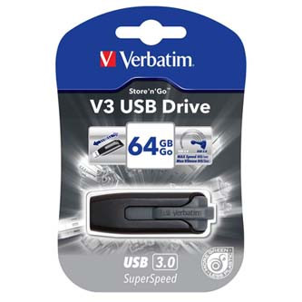Levně Verbatim USB flash disk, USB 3.0, 64GB, V3, Store N Go, černý, 49174, USB A, s výsuvným konektorem
