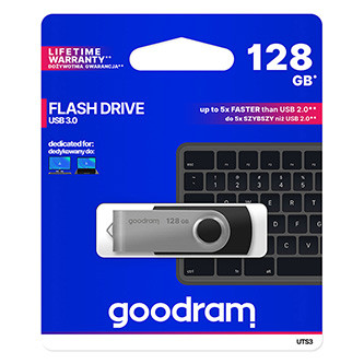 Levně Goodram USB flash disk, USB 3.0, 128GB, UTS3, černý, UTS3-1280K0R11, USB A, s otočnou krytkou