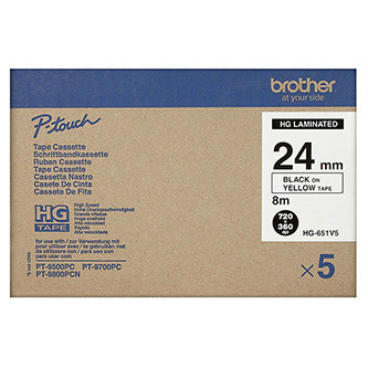 Levně Brother originální páska do tiskárny štítků, Brother, HGE-651, černý tisk/žlutý podklad, 8m, 24mm, 5 ks v balení, cena za balení