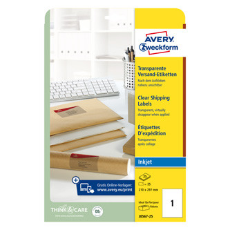 Avery Zweckform etikety 210mm x 297mm, A4, průhledné, transparentní, 1 etiketa, na balíky, baleno po 25 ks, J8567-25, pro inkousto