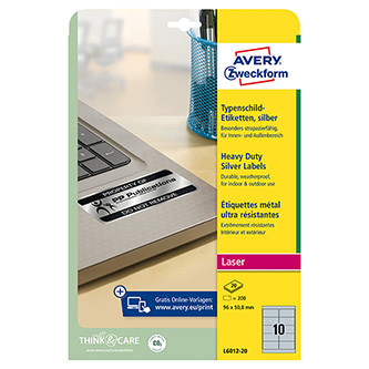 Avery Zweckform etikety 96mm x 50.8mm, A4, stříbrné, 10 etiket, velmi odolné, baleno po 20 ks, L6012-20, pro laserové tiskárny