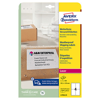 Avery Zweckform etikety 99.1mm x 139mm, A4, bílé, 1 etiketa, voděodolné, baleno po 25 ks, L7994-25, pro laserové tiskárny