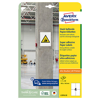 Levně Avery Zweckform etikety 105mm x 148mm, A4, bílé, 4 etikety, s vysokou lepivostí, baleno po 20 ks, L7876-20, pro laserové a inkoust