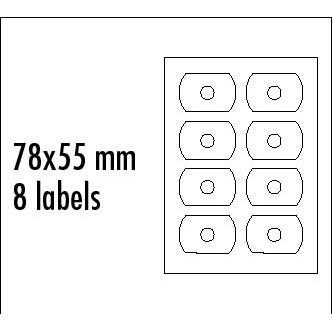Levně Logo etikety na CD 78mm x 55mm, A4, matné, bílé, 8 etiket, CD-R card, 140g/m2, baleno po 25 ks, pro inkoustové a laserové tiskárny