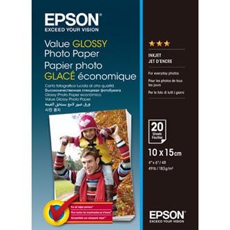 Levně Epson Value Glossy Photo Paper, C13S400037, foto papír, lesklý, bílý, 10x15cm, 183 g/m2, 20 ks, inkoustový