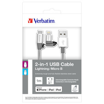 Levně Verbatim USB kabel (2.0), USB A samec - microUSB samec + Apple Lightning samec, 1m, stříbrný, box, 48869, 2 in 1 - nastavitelná ko