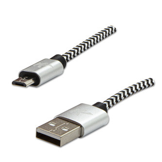 Levně Logo USB kabel (2.0), USB A samec - microUSB samec, 1m, 480 Mb/s, 5V/2A, stříbrný, box, nylonové opletení, hliníkový kryt konektor