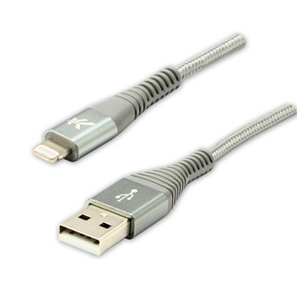 Logo USB kabel (2.0), USB A samec - Apple Lightning samec, 1m, MFi certifikace, 5V/2,4A, stříbrný, box, nylonové opletení, hliníko