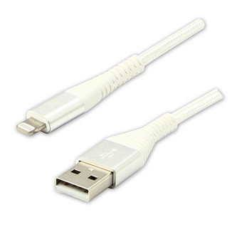 Logo USB kabel (2.0), USB A samec - Apple Lightning samec, 1m, MFi certifikace, 5V/2,4A, bílý, box, nylonové opletení, hliníkový k