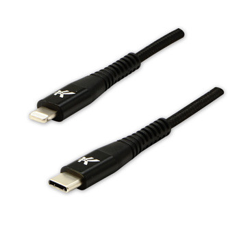 Levně Logo USB kabel (2.0), USB C samec - Apple Lightning samec, 1m, MFi certifikace, 5V/3A, černý, box, nylonové opletení, hliníkový kr