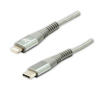 Levně Logo USB kabel (2.0), USB C samec - Apple Lightning samec, 2m, MFi certifikace, 5V/3A, stříbrný, box, nylonové opletení, hliníkový