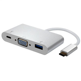 Levně USB/Video převodník + HUB, DP Alt Mode, USB C samec - VGA (D-sub) samice + USB C samice (PD) + USB A sam, stříbrný, plastic bag 19