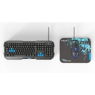 Levně E-blue Polygon, sada klávesnice s myší Cobra II, US, herní, a podložkou Mazer Marface S typ drátová (USB), černo-modrá