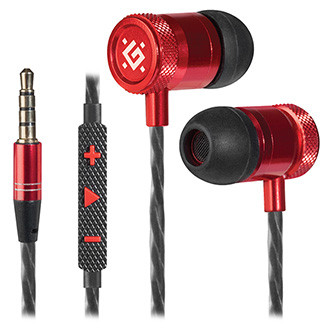 Levně Defender Pollaxe, sluchátka s mikrofonem, ovládání hlasitosti, černo-červená, 2.0, špuntová, 3.5 mm jack