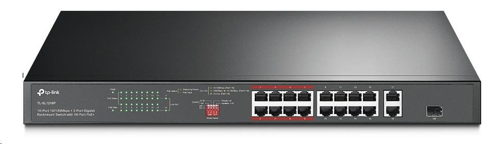 Levně TP-Link CCTV switch TL-SL1218P (16x100Mb/s, 1xGbE uplink, 1xGbE/1xSFP combo uplink, 16xPoE+, 150W)