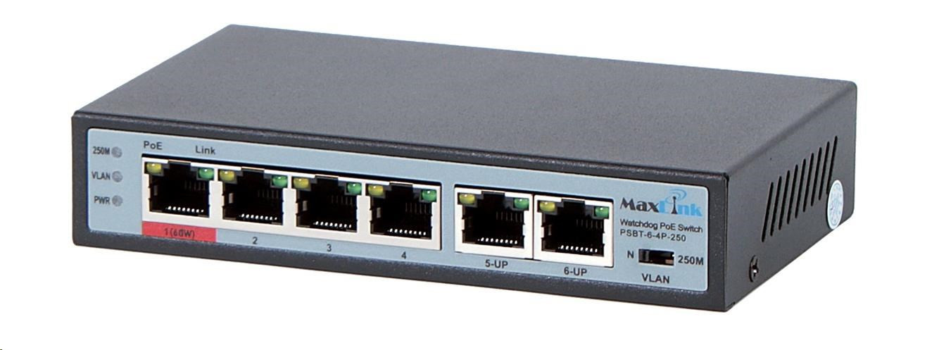 Levně MaxLink PoE switch PSBT-6-4P-250 (náhrada za PSAT-6-4P-250), 6x LAN/4x PoE 250m, 802.3af/at/bt