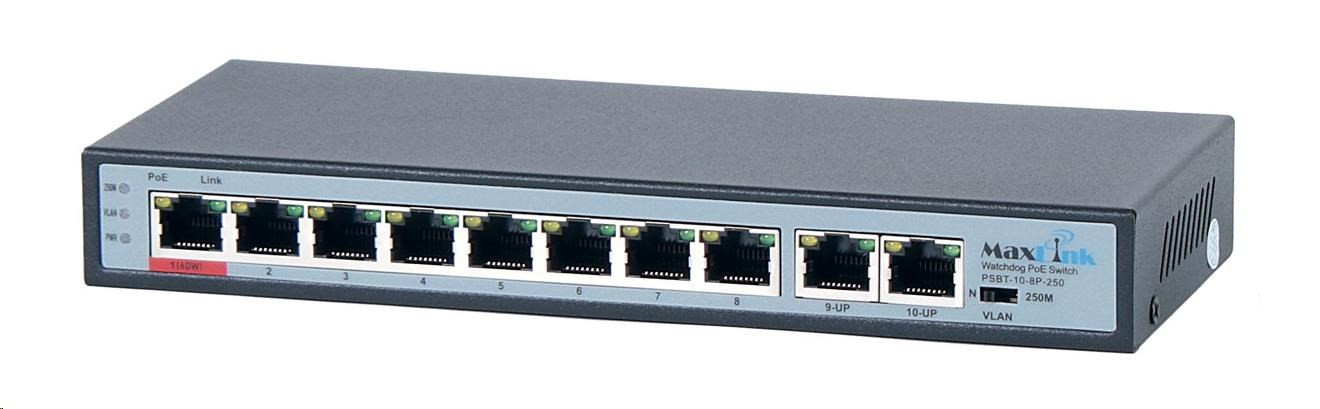 Levně MaxLink PoE switch PSBT-10-8P-250 (náhrada za PSAT-10-8P-250), 10x LAN/8x PoE 250m, 802.3af/at/bt