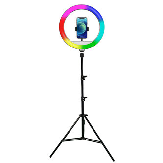 Levně Powerton kruhové světlo 13", RGB LED, velké, nastavení barev a svítivosti, držák telefonu a stativ