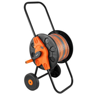 NEO TOOLS vozík pro zahradní hadici se sklopným držákem až 60m 1/2" nebo 20m 3/4", oranžovo-černý, 15-793