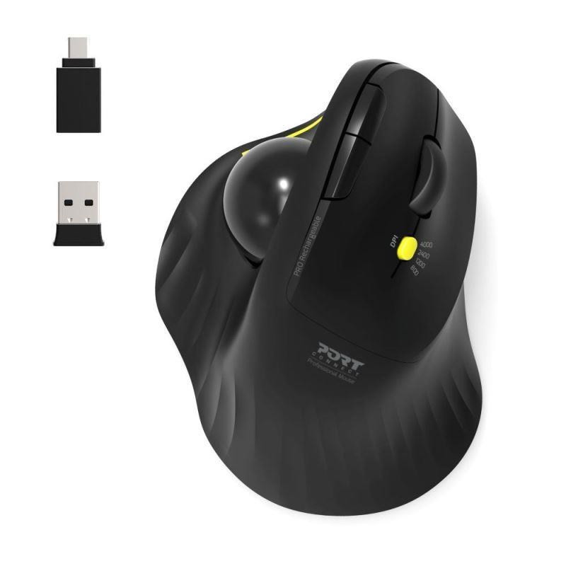 Levně PORT bezdrátová ergonomická myš ERGONOMIC TRACKBALL, 2, 4 Ghz & Bluetooth, USB-A/C, černá