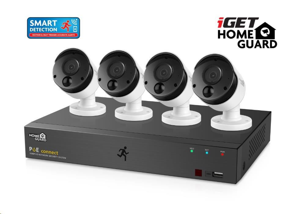 Levně iGET HOMEGUARD HGNVK85304 Kamerový PoE systém se SMART detekcí pohybu, 8-kanálový FullHD NVR + 4x FullHD venkovní kamera