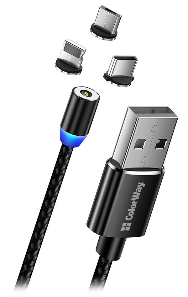 Levně Colorway Nabíjecí Kabel 3v1 Lightning+MicroUSB+USB-C/ Magnetic/ 2.4A/ Nylon/ 1m