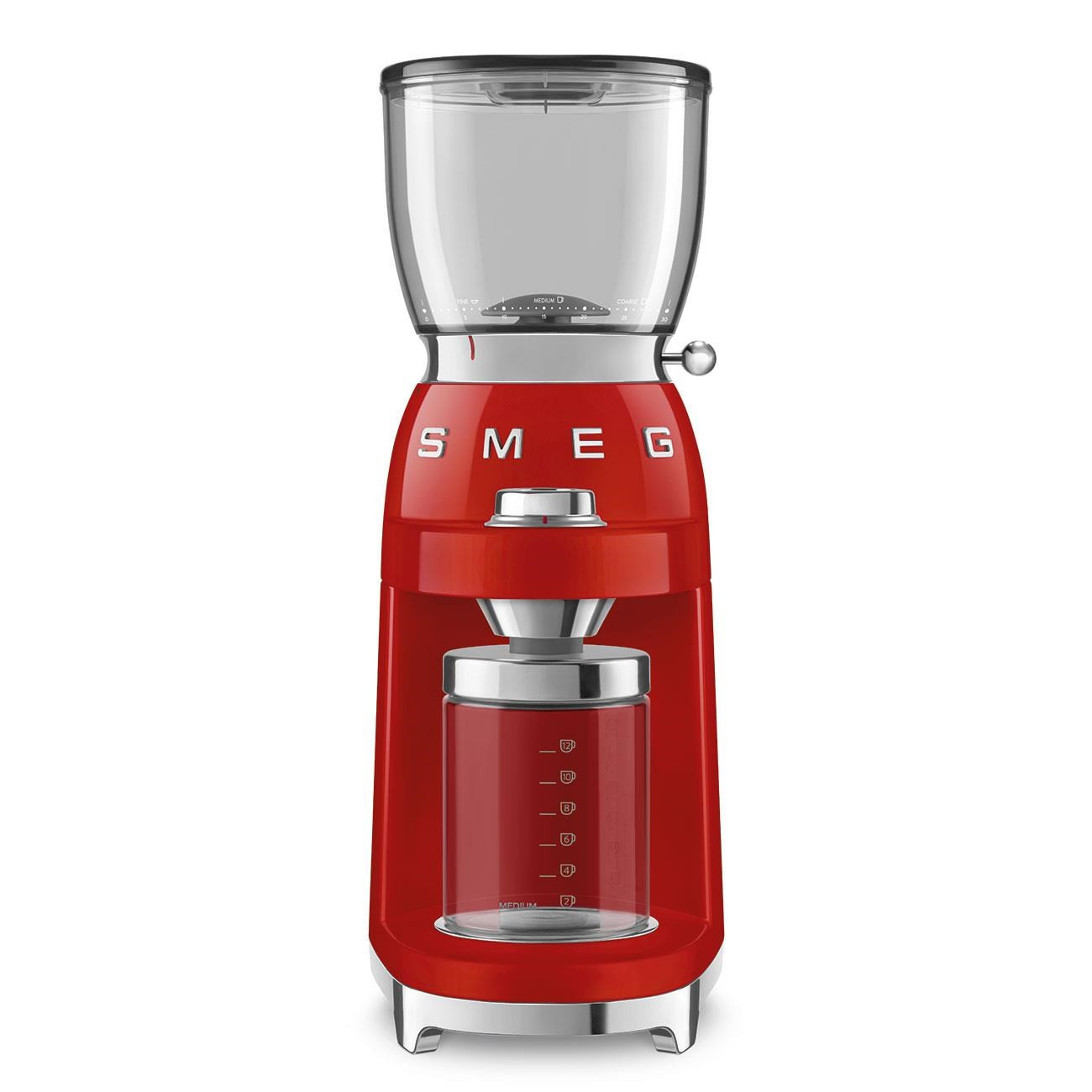 Levně Smeg CGF11RDEU mlýnek na kávu, 150 W, nastavitelná hrubost, nerezový mlýnek, nádoba z tritanu, červený