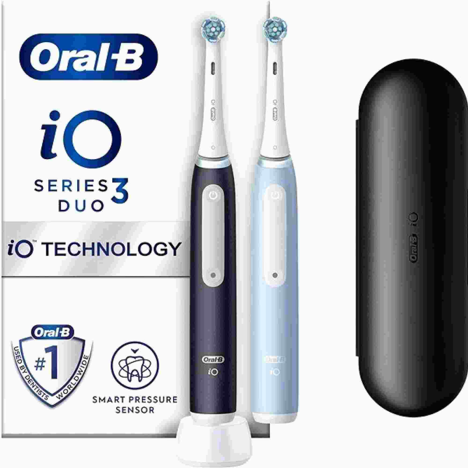 Levně Oral-B iO Series 3 Duo Black & Blue elektrický zubní kartáček, 3 režimy, časovač, tlakový senzor, pouzdro
