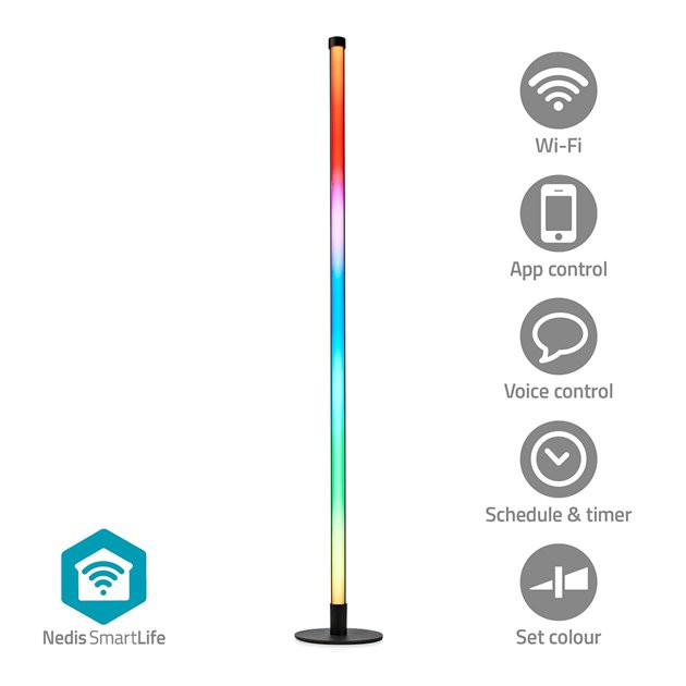 Levně Nedis WIFILD20RGBW - Stojací Světlo| Wi-Fi | Tube | 180 lm | RGBIC / Teplé až chladné bílé | 2700 - 6500 K | 10 W | Kov