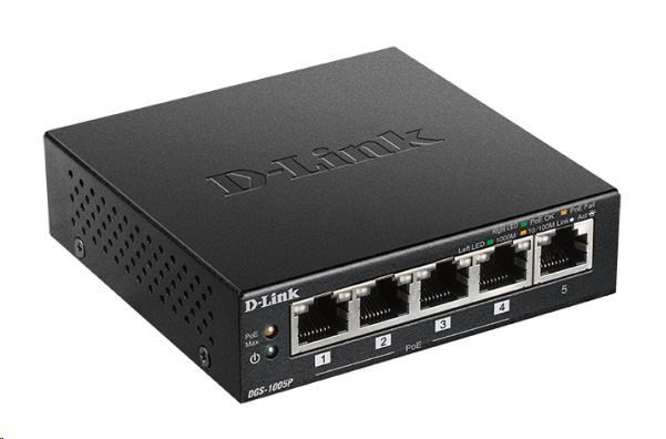 Levně D-Link DGS-1005P 5-port Gigabit Desktop PoE+ Switch, 4 porty jsou PoE+, PoE budget 60W