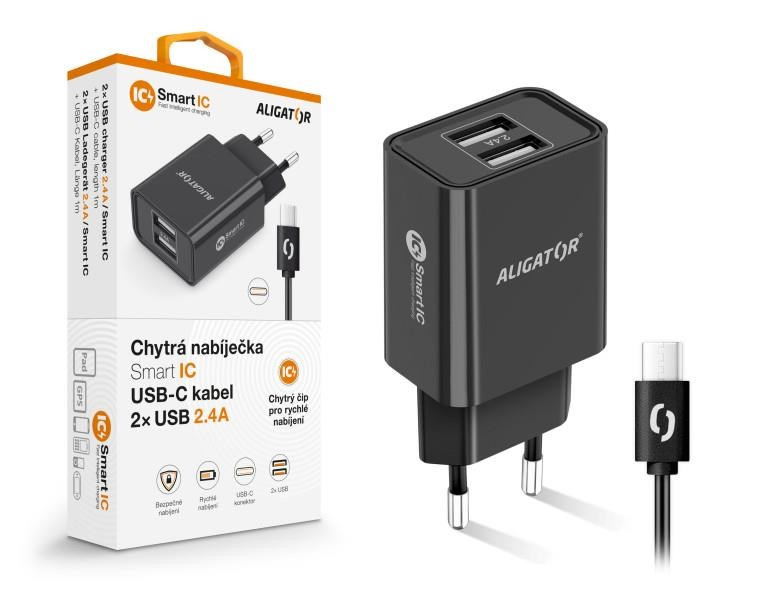 Aligator síťová nabíječka, 2x USB, smart IC, 2, 4 A, kabel USB-C 2A, černá