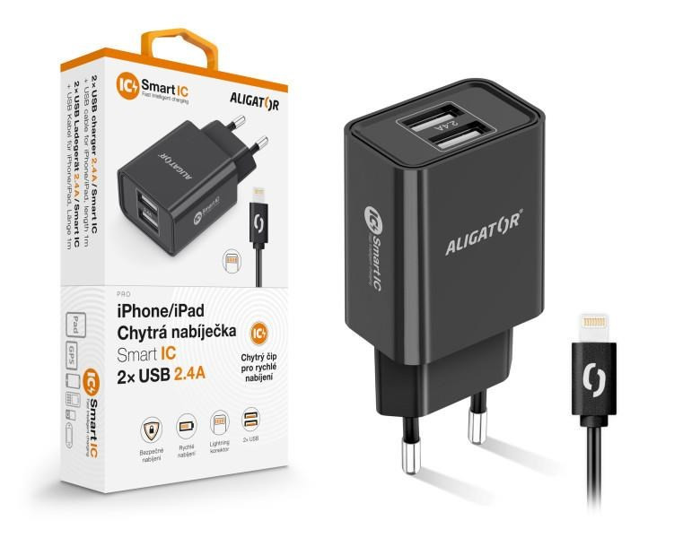 Levně Aligator síťová nabíječka, 2x USB, smart IC, 2, 4 A, kabel Lightning 2A, černá