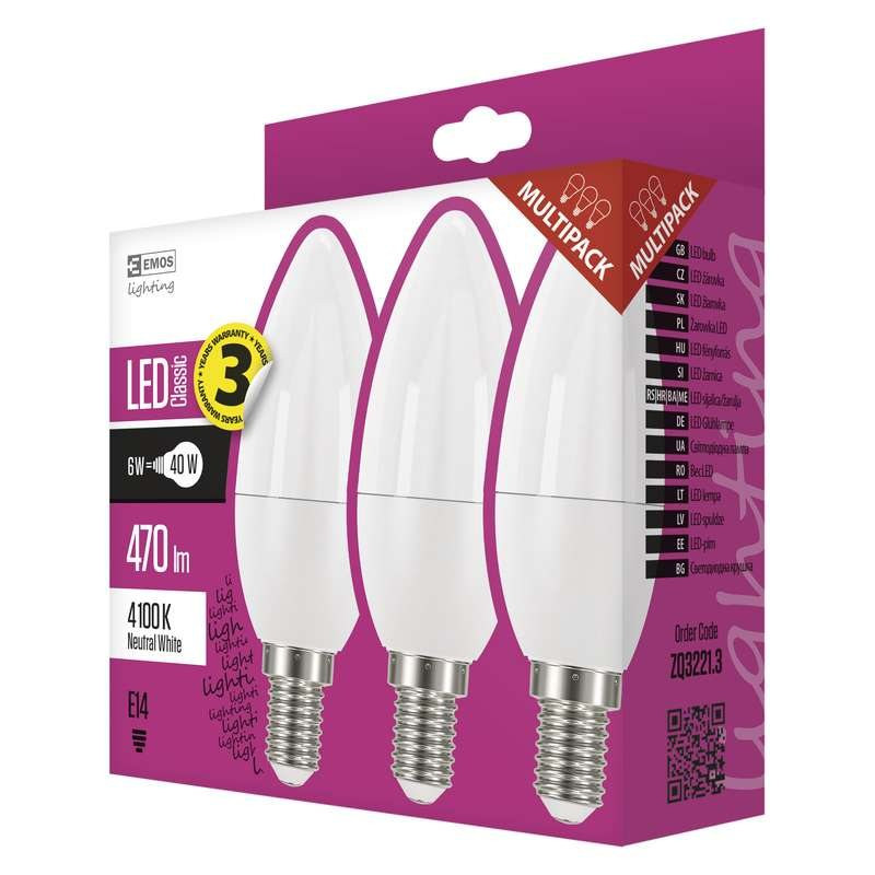 Levně Emos LED žárovka CANDLE, 6W/40W E14, NW neutrální bílá, 470 lm, Classic, F, 3 PACK