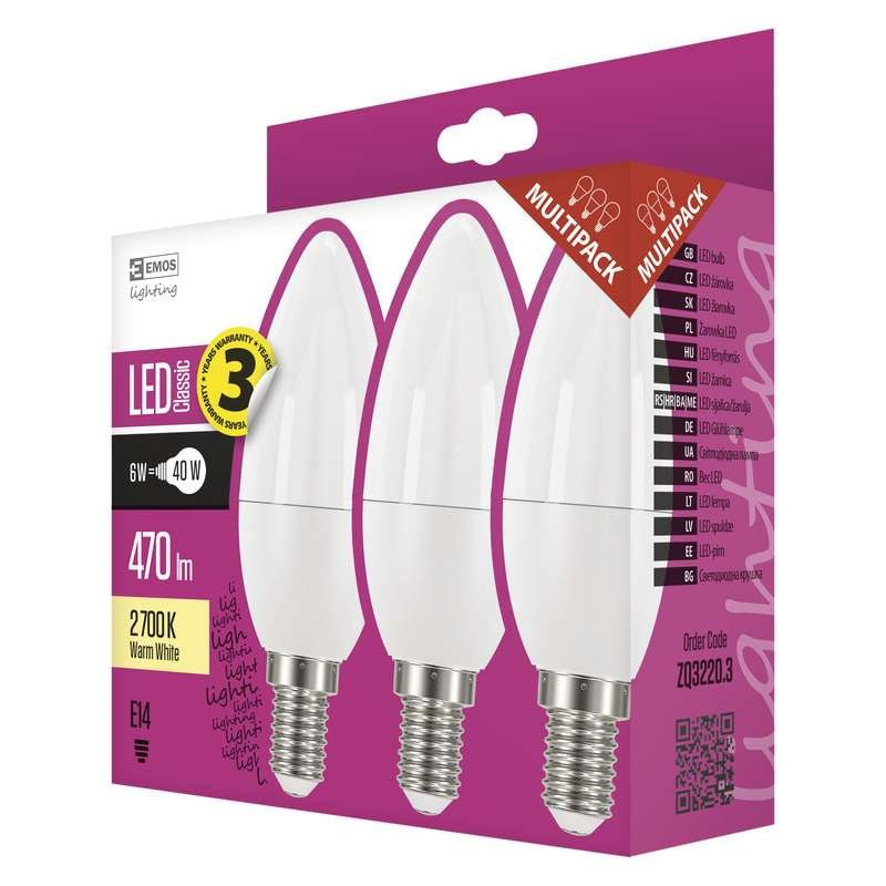 Levně Emos LED žárovka CANDLE, 6W/40W E14, WW teplá bílá, 470 lm, Classic, F, 3 PACK