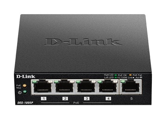 Levně D-Link DES-1005P B1 5-Port 10/100 PoE Desktop Switch, 4x PoE+, 60W pro PoE