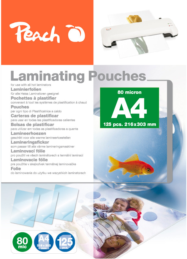 Levně PEACH laminovací folie A4 (216x303mm), 80mic, lesklé, 100 ks + 25ks zdarma