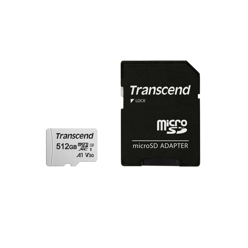Transcend 512GB microSDXC 300S UHS-I U3 V30 A1 (Class 10) paměťová karta (s adaptérem), 95MB/s R, 40MB/s W