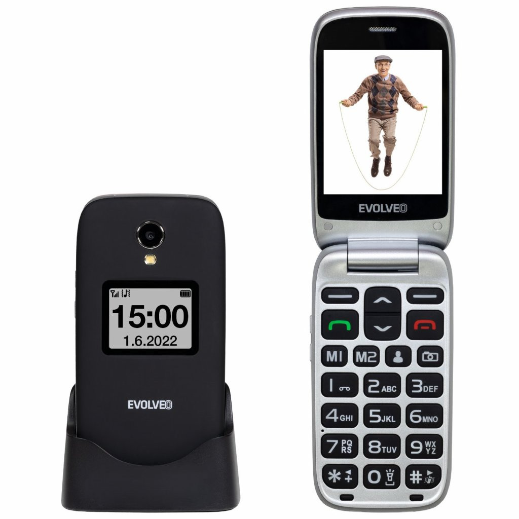 Levně EVOLVEO EasyPhone FS, vyklápěcí mobilní telefon 2.8" pro seniory s nabíjecím stojánkem (černá barva)