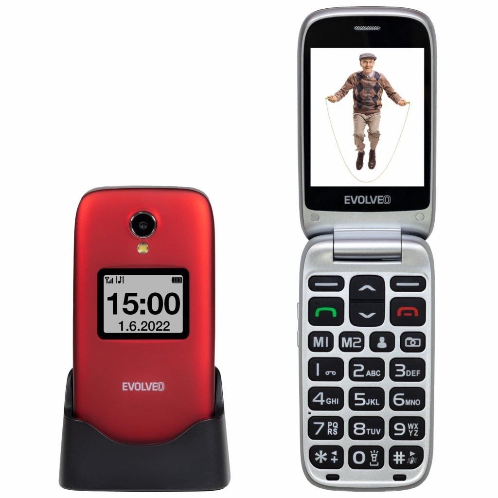 Levně EVOLVEO EasyPhone FS, vyklápěcí mobilní telefon 2.8" pro seniory s nabíjecím stojánkem (červená barva)