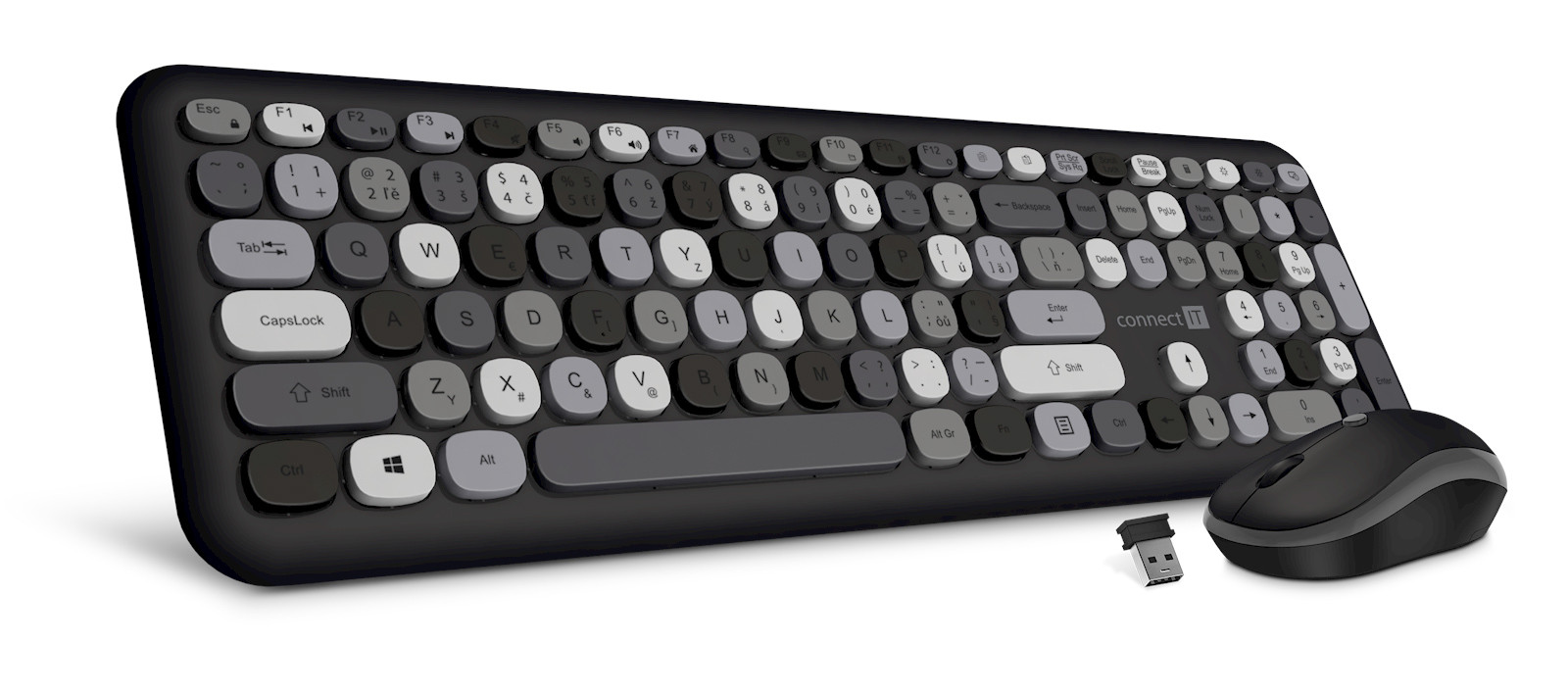 Levně CONNECT IT FASHION combo bezdrátová černo-šedá klávesnice + myš, (+1x AAA +1x AA baterie zdarma),USB, CZ + SK