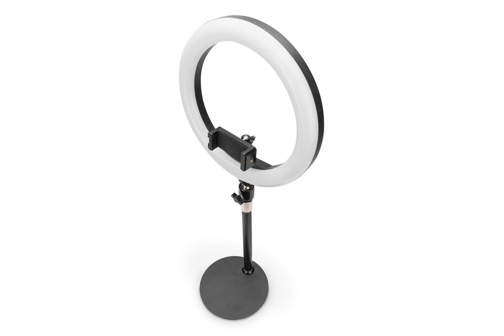Levně DIGITUS 10palcové LED kruhové světlo stolní se stativovým stojanem a držákem na chytrý telefon, stmívatelné světlo