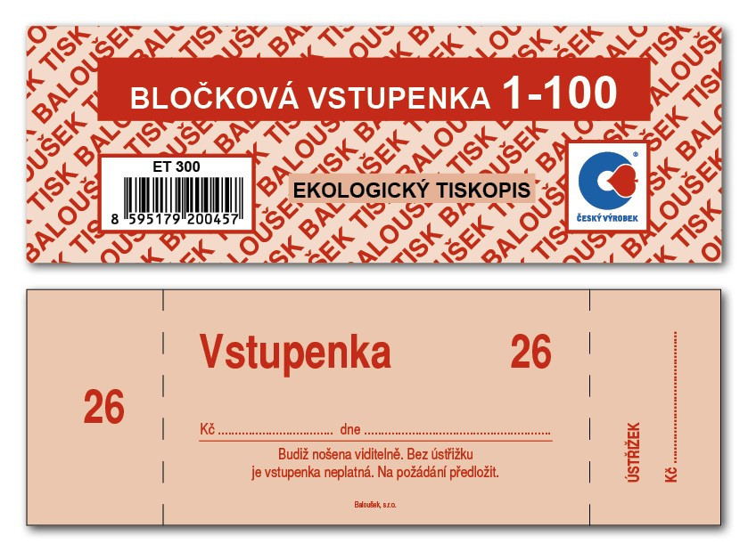 Levně Tiskopis Bločkové vstupenky 13,3x3,9cm 100 čísel 100 listů BALOUŠEK ET300