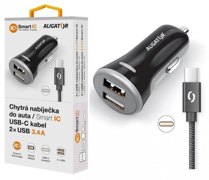 Levně ALIGATOR Chytrá nabíječka do auta 3.4A, 2xUSB, smart IC, černá, USB-C kabel