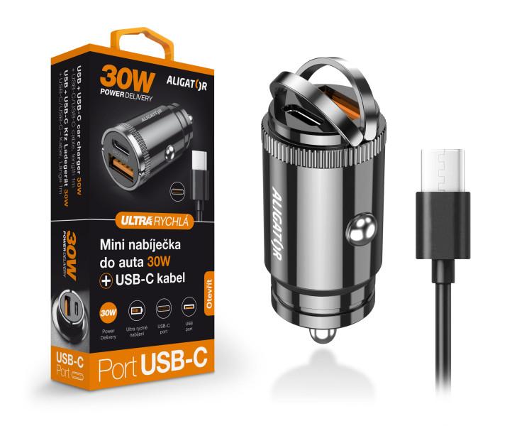 Levně Aligator mini nabíječka do auta Power Delivery 30W, USB-C + USB-A, USB-C/USB-C kabel