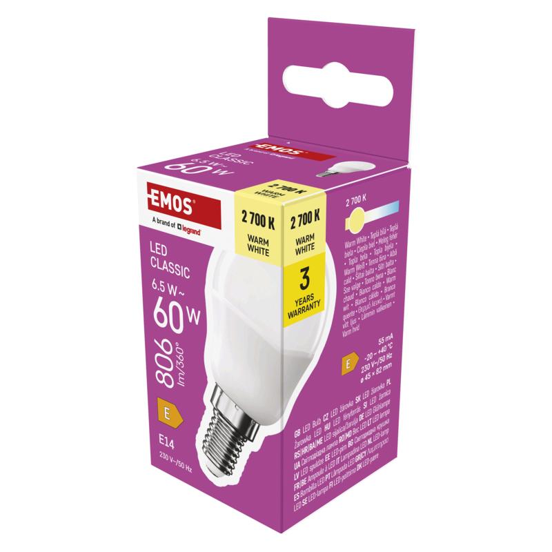 Levně EMOS LED CLS MINI GLOBE 6,5W(60W) 806lm E14 WW