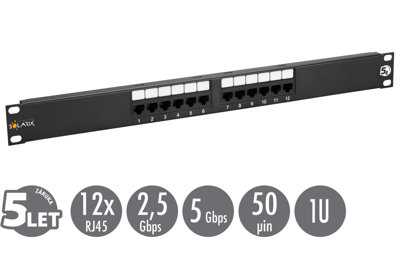 Levně 19" patch panel Solarix 12 x RJ45 CAT5E UTP 150 MHz černý 1U SX12-5E-UTP-BK