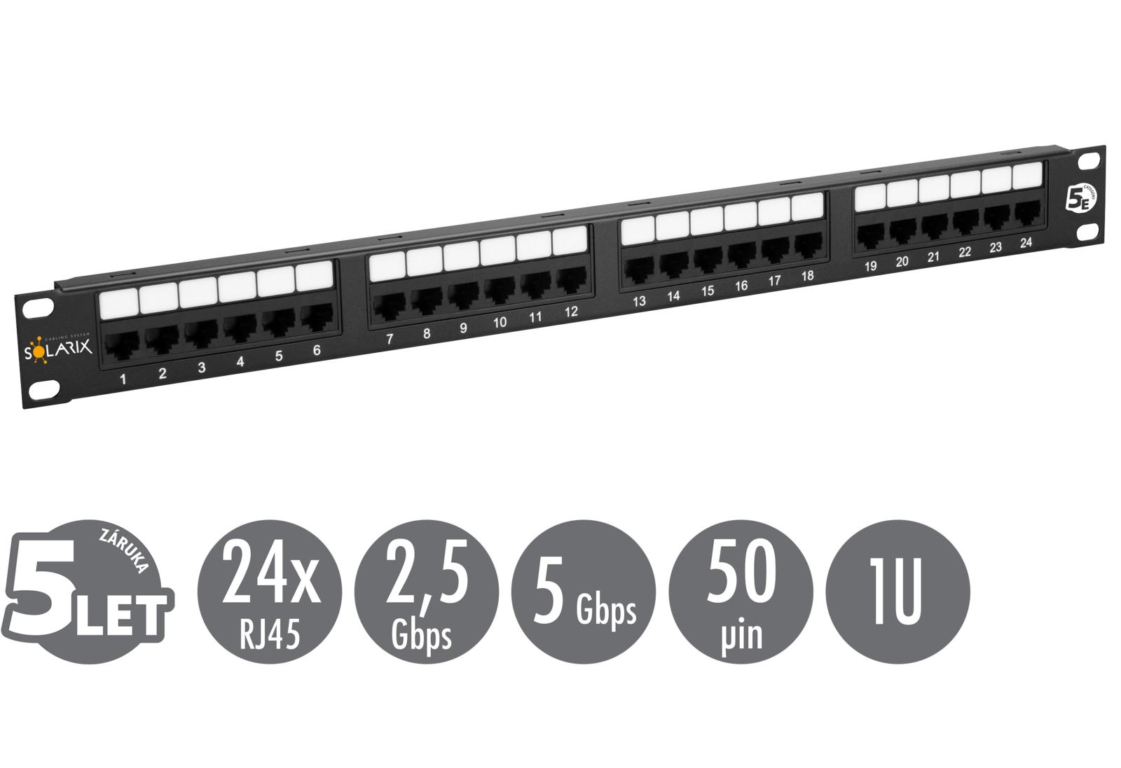 Levně 19" patch panel Solarix 24 x RJ45 CAT5E UTP 150 MHz černý 1U SX24-5E-UTP-BK