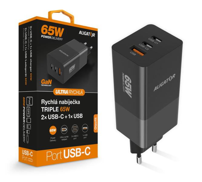 Levně Aligator nabíječka PD65W, 2USB-C, 1xUSB-A, černá
