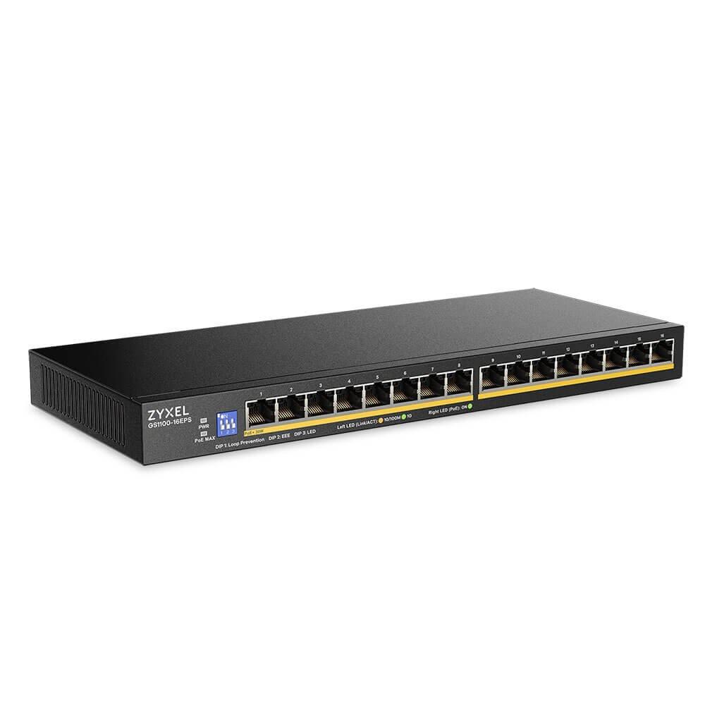 Fotografie produktu: Zyxel GS1100-16EPS Slimline PoE+ 135W 16 port Gigabit - DIP selector Unmanaged Switch