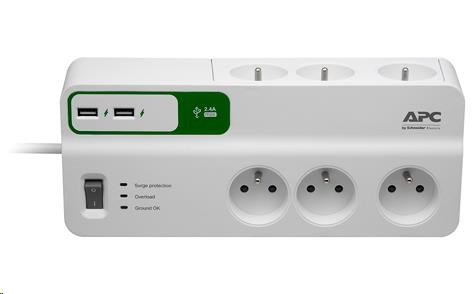 APC Essential SurgeArrest 6 outlets with 5V, 2.4A 2 port USB charger, 230V France, 2m